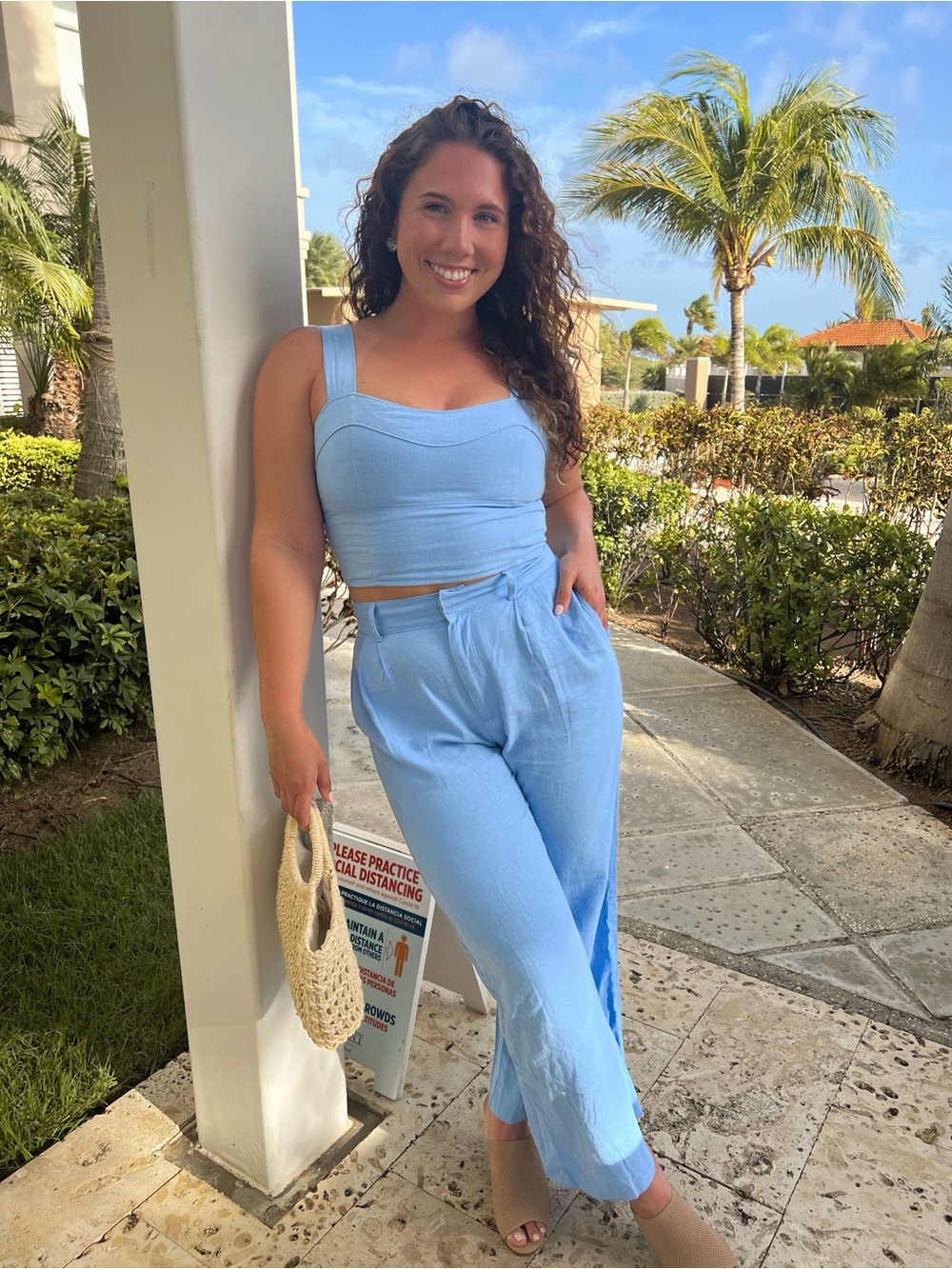 Abercrombie Light Blue Two-Piece Linen Set - Crop Top & High-Waist Pants
